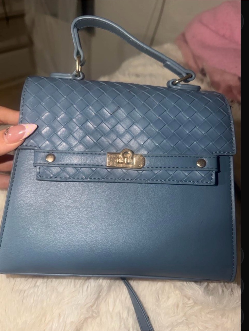 Blue Woven-Accent Top-Handle Women’s Bag